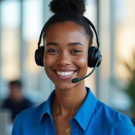 A friendly customer success advisor in a modern London office ready to assist with English course enquiries